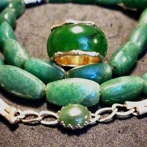 Jade and gold bracelet with ring and jade bead necklace
